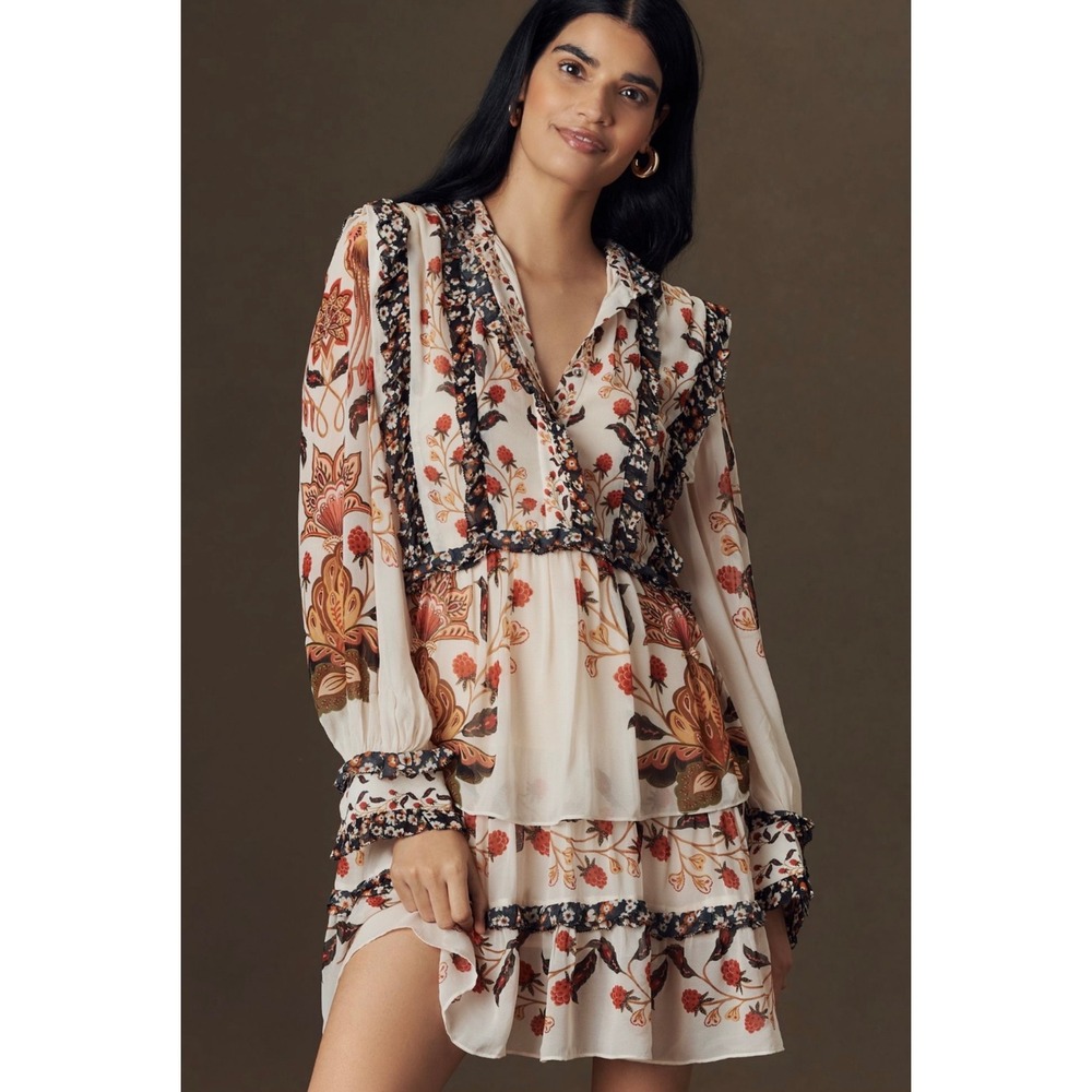 Farm Rio Ruffled Mock Neck Mini Dress Small Berry Garden Botanical Floral Tiered - Picture 12 of 16